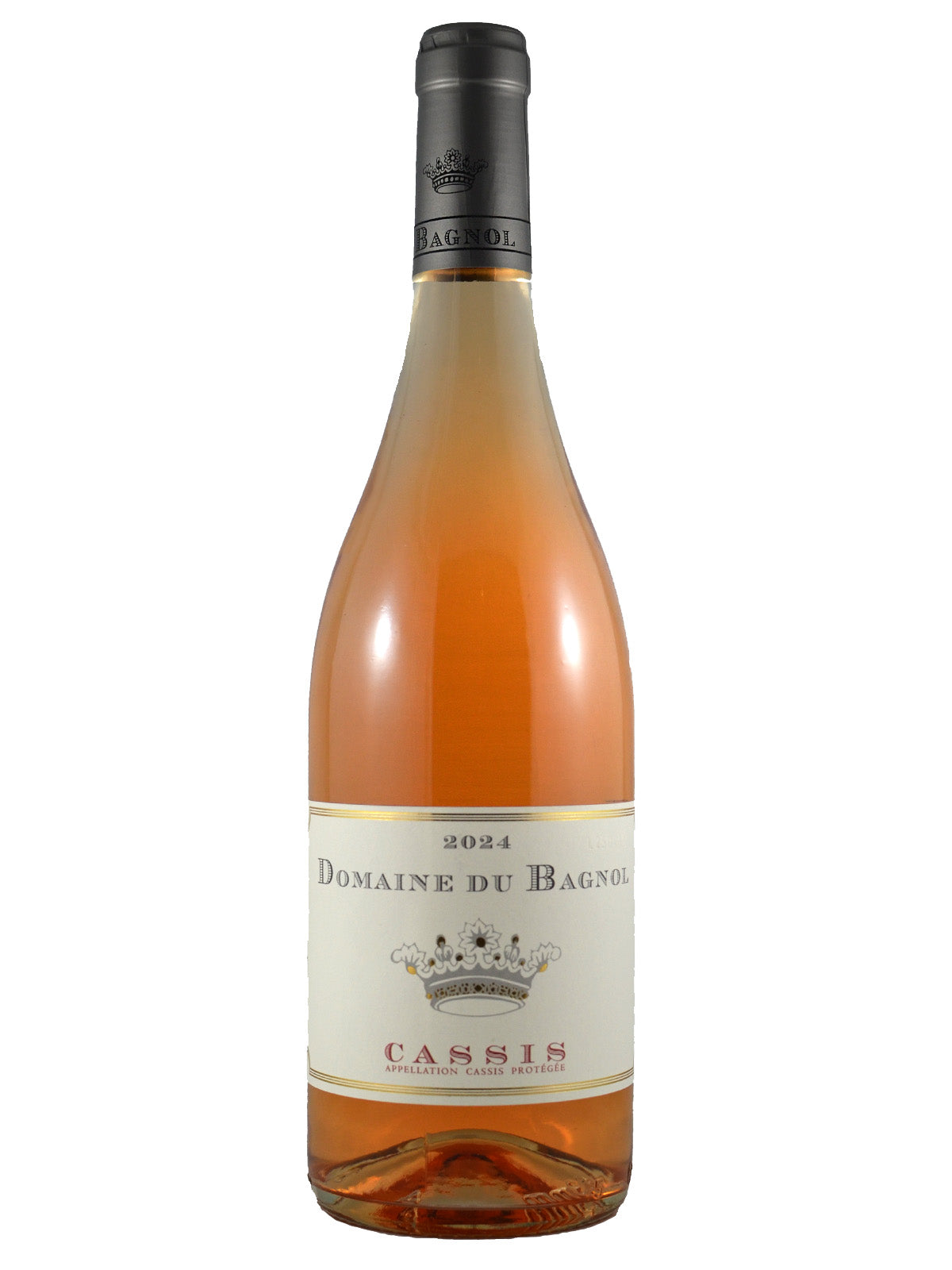 Bottle of Domaine du Bagnol Cassis rose wine on a white background. Wine label is white with gold inset border, and reads 2024 Cassis and features a floral crown design. Enclosure on bottle is gunmetal coloured.