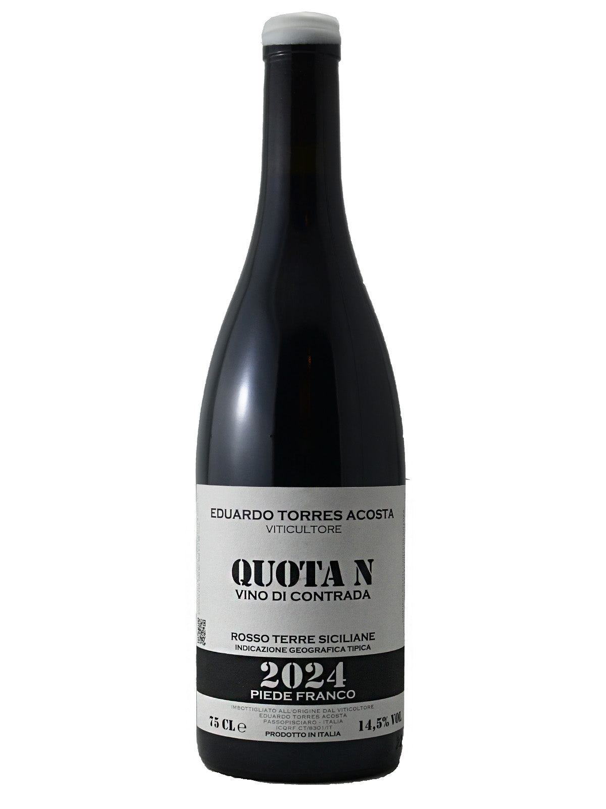 Wine bottle with a label reading Eduardo Torres Acosta Quota N Vino di Contrada Rosso Terre Siciliane 2024 Piede Franco 14.5% alc on a white background. Small wax white enclosure.