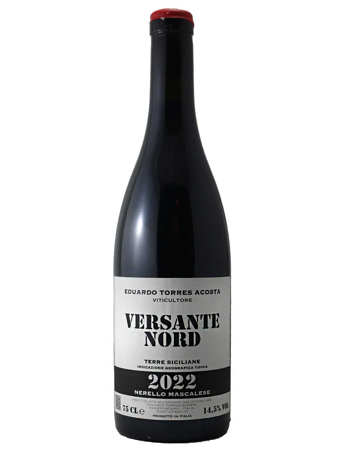 Wine bottle with 'Versante Nord' label on a white background. Also includes the text 'Eduardo Torres Acosta' 'Terre Siciliane Indicazione Geographica Tipica' '2022 Nerello Mascalese' and '14.5% alc/vol.' Small red wax enclosure.