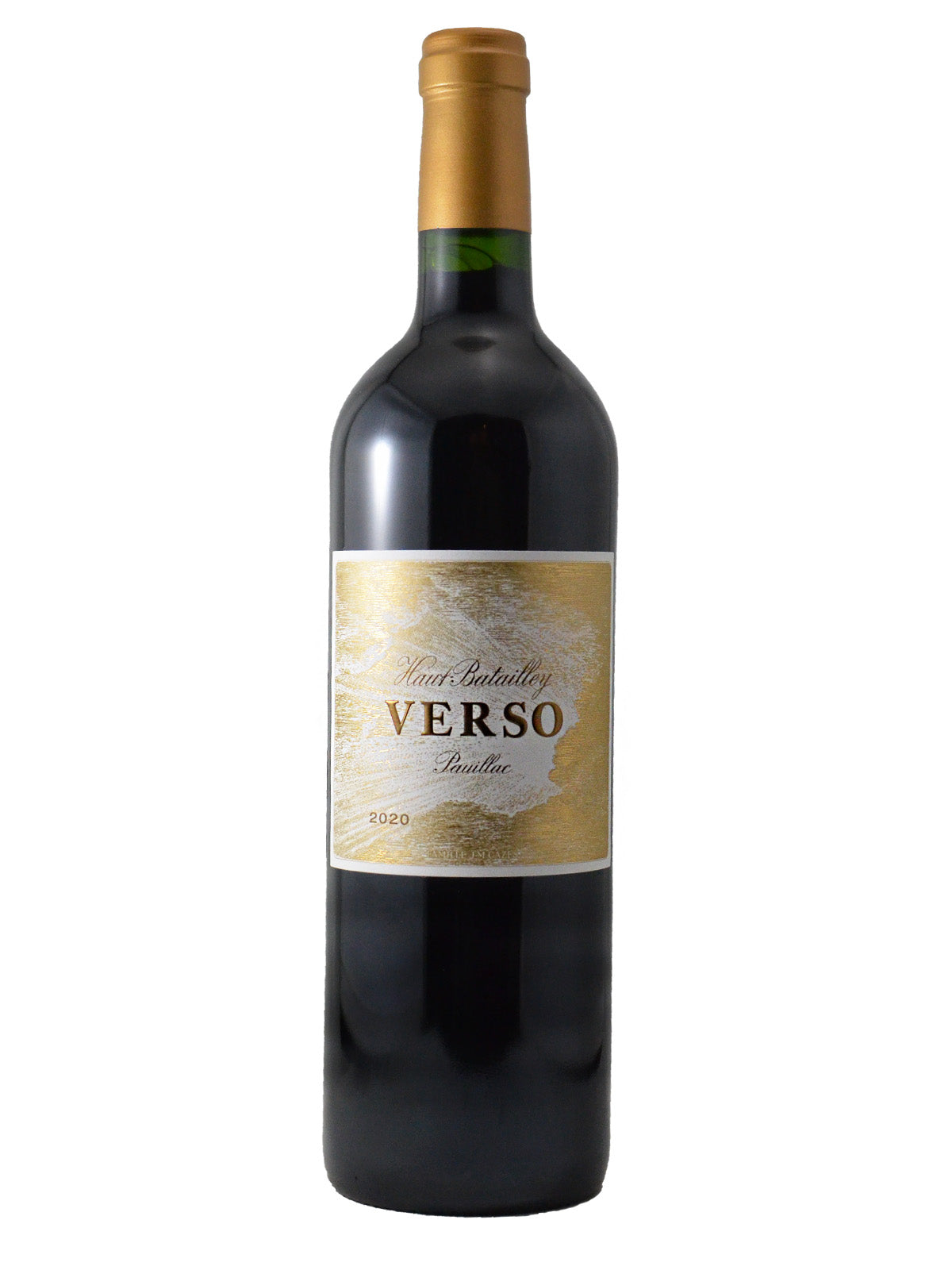 Wine bottle with gilded-gold-leaf effect label reading 'Haut-Batailley Verso Pauillac 2022' and a matte gold capsule, all set on a white background
