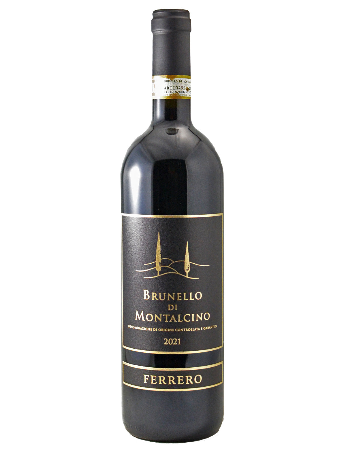 A bottle of Ferrero Brunello di Montalcino Sangiovese with an all black label featuring an illustration of tall trees, the producer's name, and vintage age in gold font. 