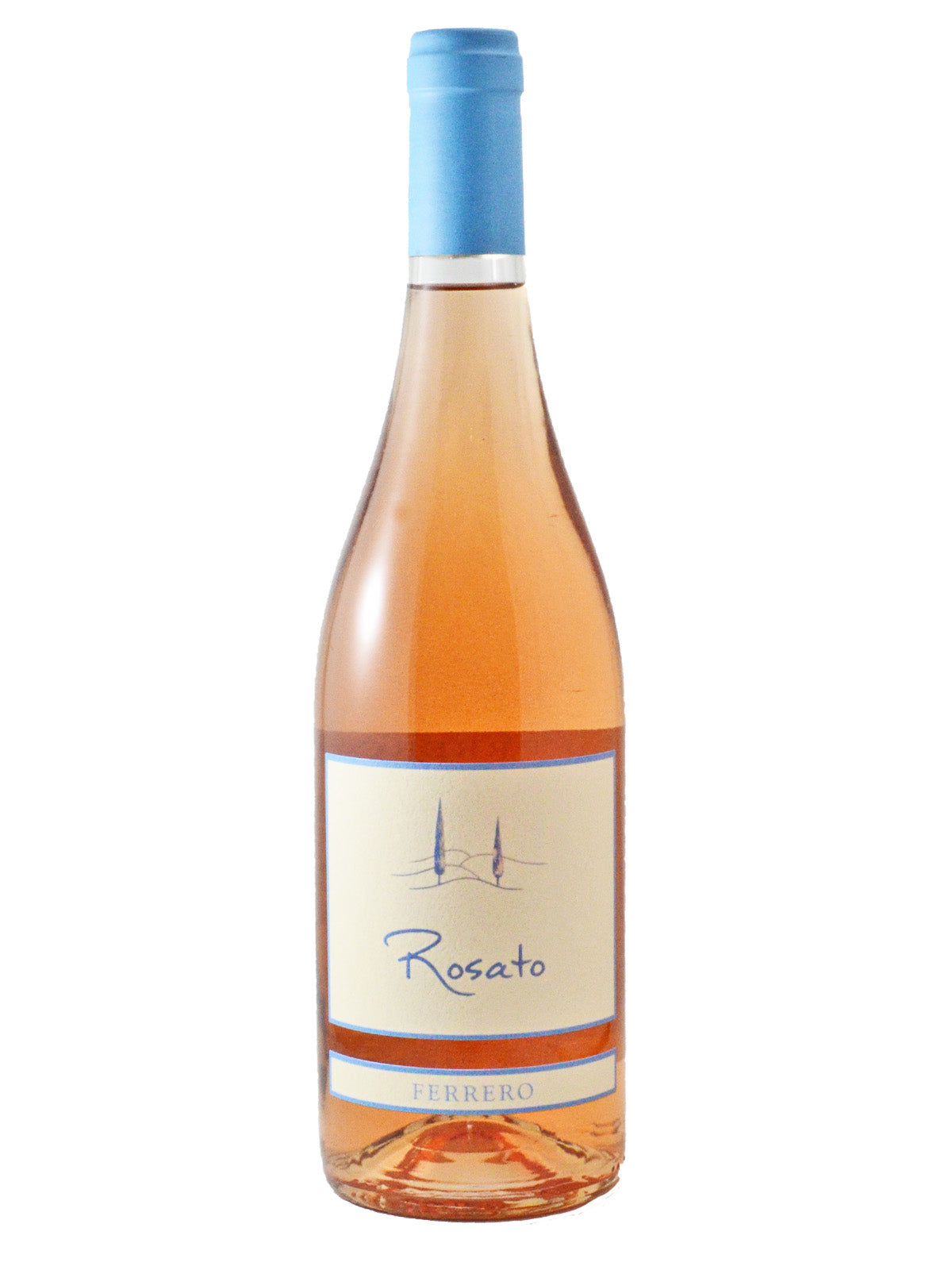 A bottle of Ferrero Toscana Rosato Sangiovese with a cream label and a blue outline featuring an illustration of two tall trees, the producer's name, and grape variety.