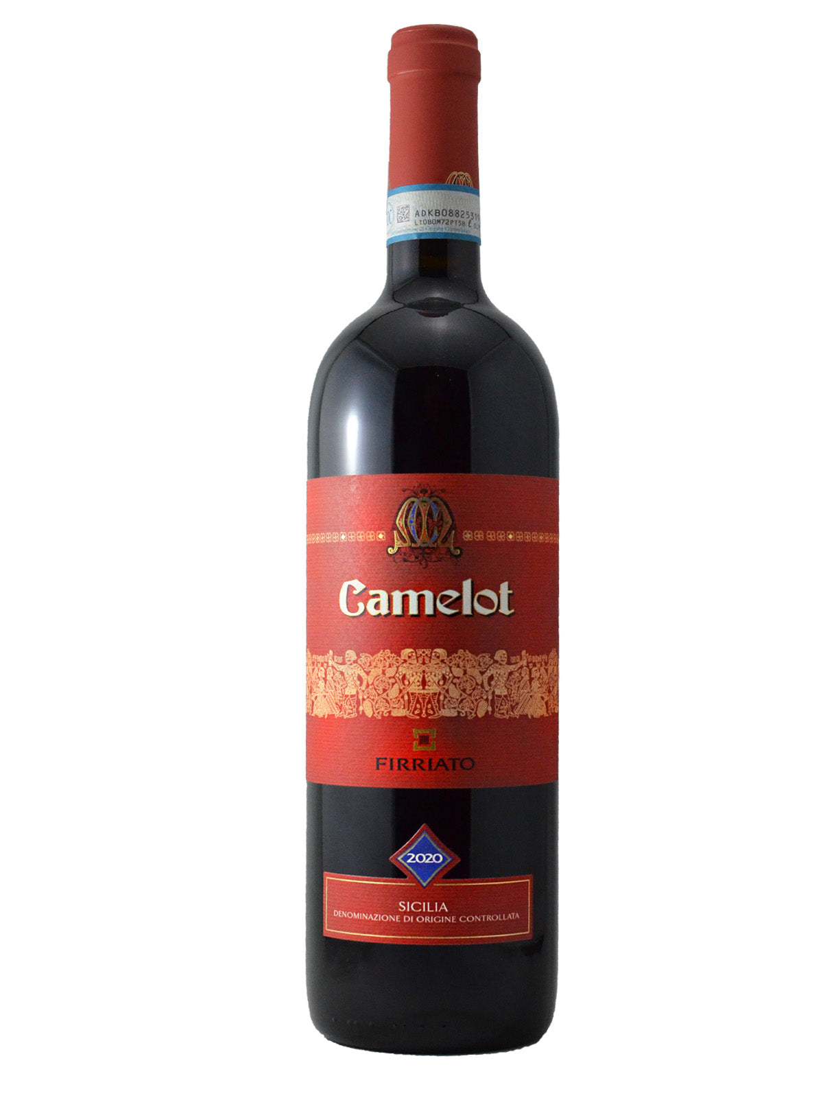 Red wine bottle with red 'Camelot' & 'Firriato' label on a white background. Bottom smaller label reads '2020 Sicilia'. Red capsule over cork.