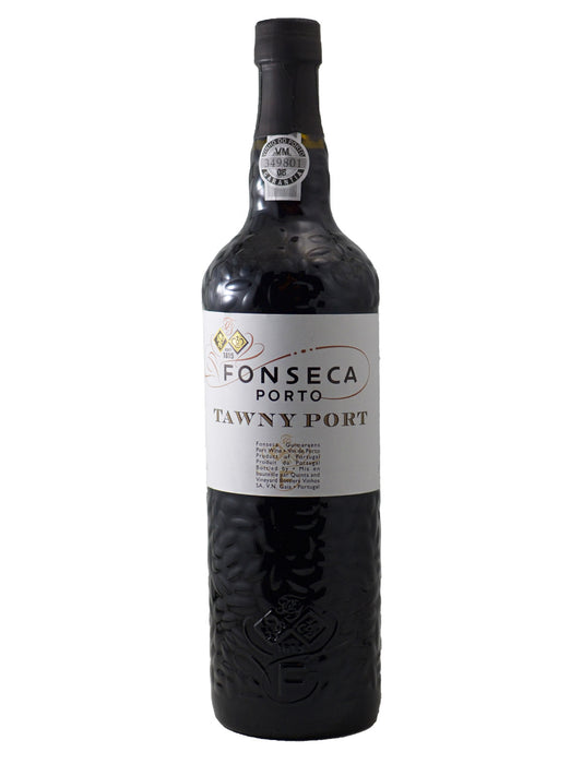 A bottle of Fonseca Porto Tawny Port wine, featuring a dark glass bottle with a textured lower half, a white label with gold & black lettering, and a black capsule seal, set against a plain white background.