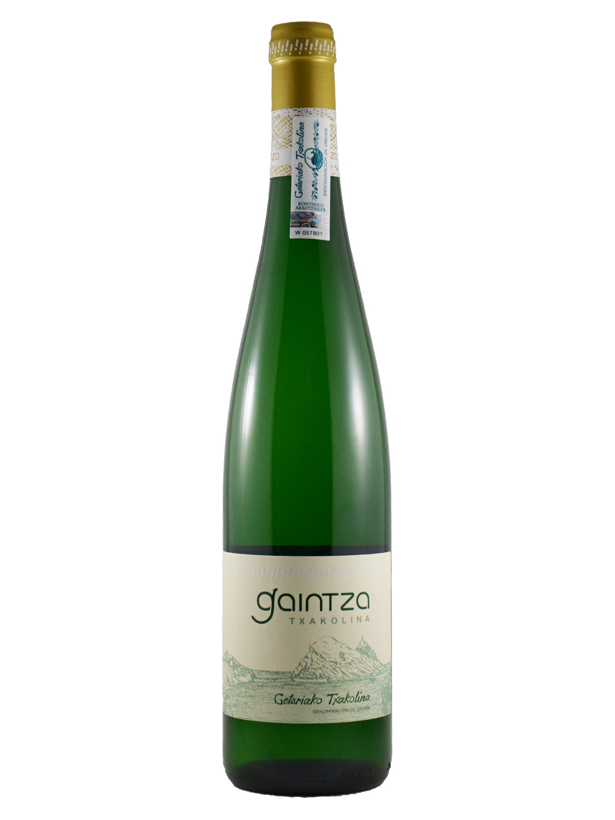 A bottle of Gaintza Terradito Colombari Toscano wine, featuring a dark green glass bottle with a gold foil top and a cream-colored label with green text and landscape illustration.