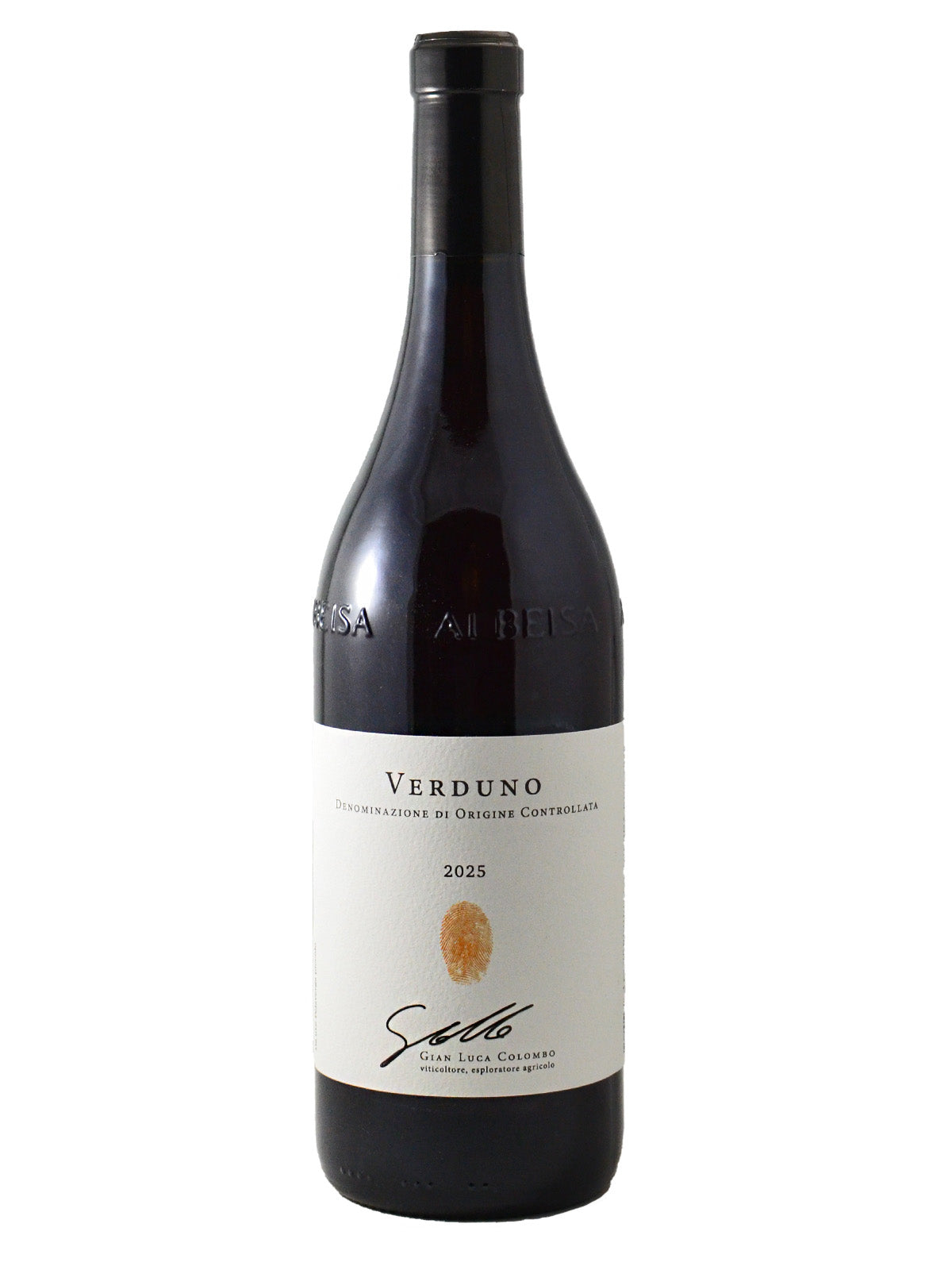 A bottle of Gian Luca Colombo Verduno Pelaverga with a white label featuring an illustration of an orange finger print, and the producer's name, grape variety, and vintage year in black font.