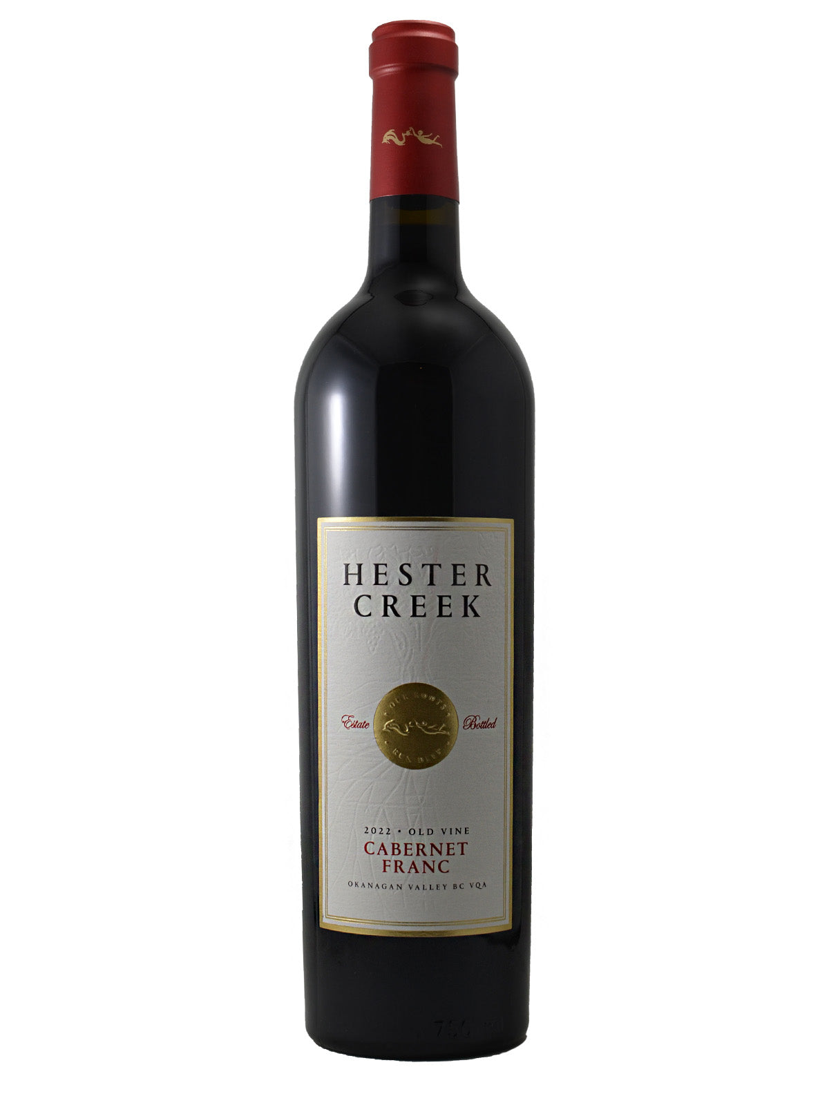 Hester Creek Cabernet Franc wine bottle on a white background. Gold medallion depicted on white label with 'Estate Bottled' surrounding. 2022 Old Vine Cabernet Franc, Okanagan Valley, BC VQA rounds out the label text. Red cork enclosure.