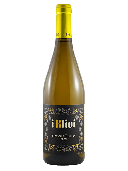 A bottle of i Klivi Vipavska Dolina white wine, featuring a dark label with gold and white decorative patterns and a bright yellow foil capsule at the neck, set against a plain white background.