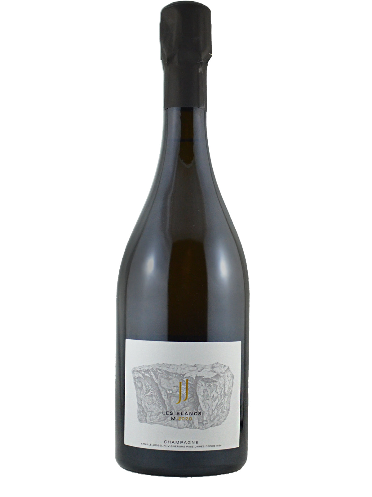 Champagne bottle from Jean Josselin with a 'Les Blancs' label and black foil on a white background