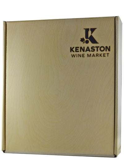 A gold-colored gift box with the Kenaston Wine Market logo imprinted on the front, designed to hold three bottles of wine.