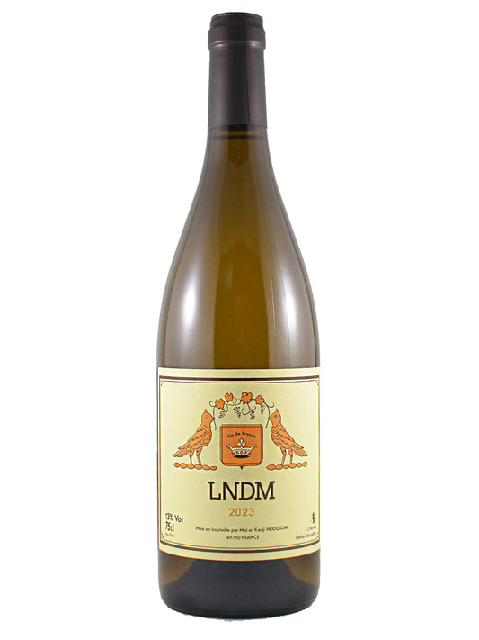 Wine bottle with a pale straw label featuring the brand 'LNDM' and an orange coat-of-arms flanked by simple drawn orange birds, the vintage (2023) and additional wine details. Dark grey/gunmetal capsule. All set against a white background.