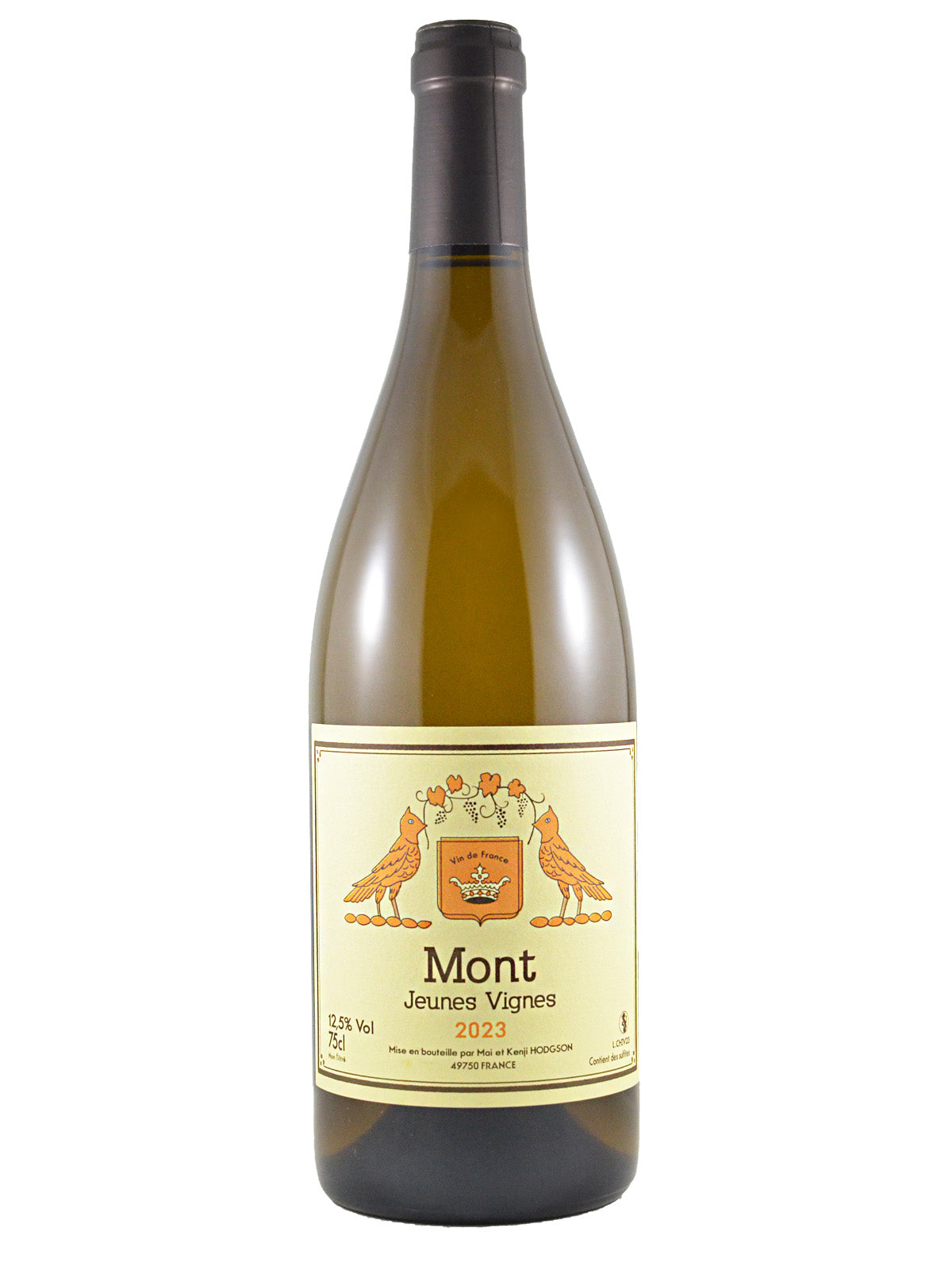 Wine bottle with pale straw label featuring the text 'Mont' 'Jeunes Vignes' and '2023' under an orange coat-of-arms flanked by two simply drawn orange birds. Dark grey/gunmetal capsule at the top. All set against a white background.