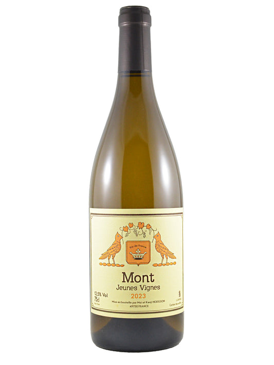 Wine bottle with pale straw label featuring the text 'Mont' 'Jeunes Vignes' and '2023' under an orange coat-of-arms flanked by two simply drawn orange birds. Dark grey/gunmetal capsule at the top. All set against a white background.
