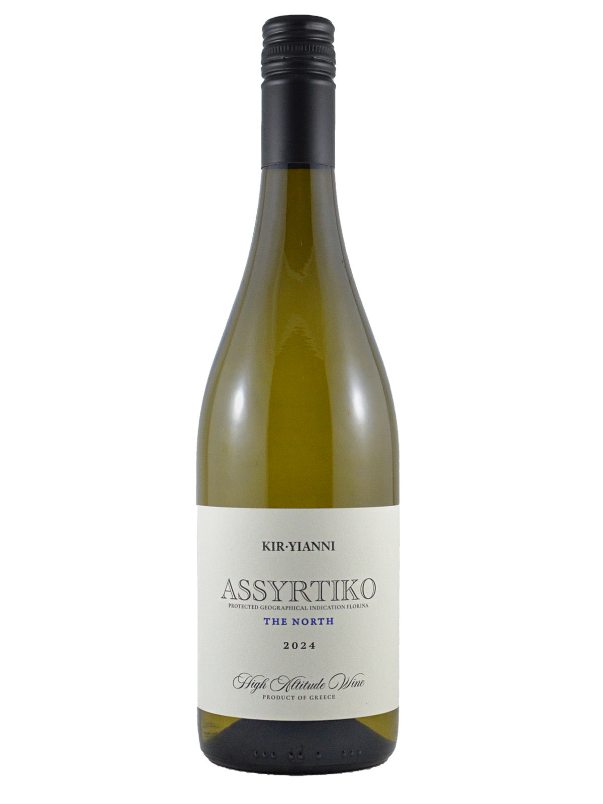 White wine bottle with screw cap with 'Kir-Yianni' 'The North' 2024 Assyrtiko label on a white background
