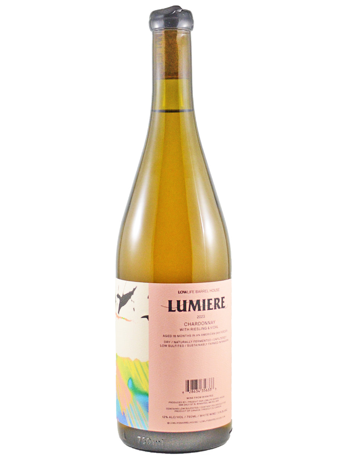 A botle of Low Life Barrel House Lumiere Chardonnay with a pink and white label featuring an illustration of a colourful label and the name of the wine in large black font.