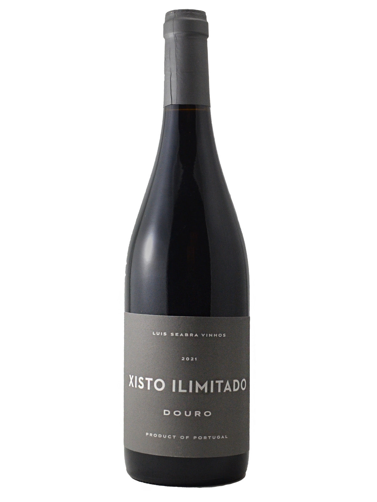 Wine bottle with dark grey label reading 'Xisto Ilimitado' and 'Douro / Product Of Portugal' on a white background. Matching grey enclosure on the top.