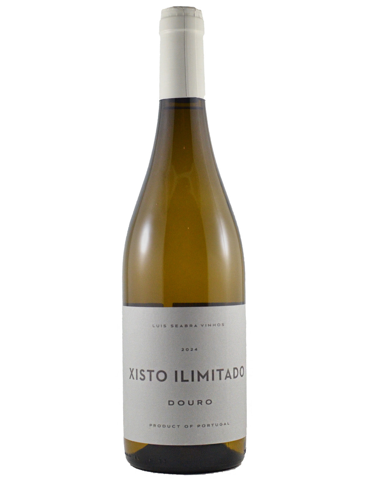 White wine bottle with white label reading 'Xisto Ilimitado', 'Douro' and 'Product of Portugal' on a white background. Enclosure is also white.
