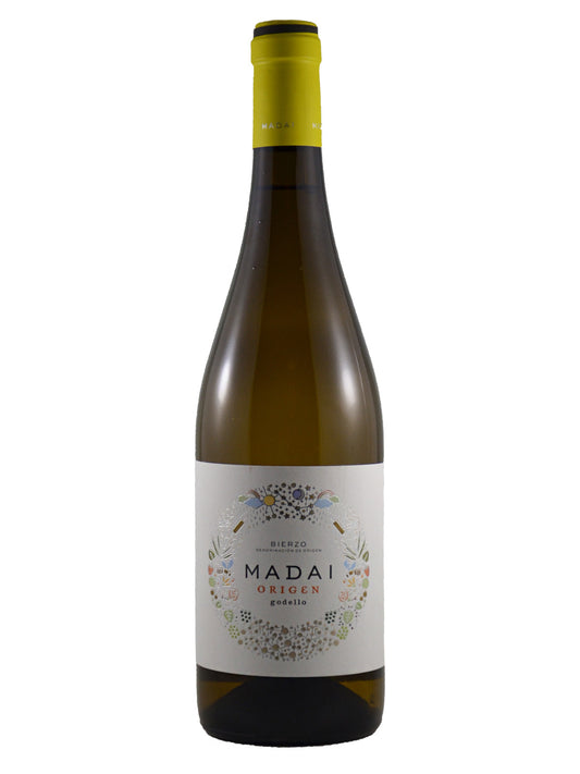 A bottle of Madai Oregen Godello white wine with a white label featuring a colorful floral wreath design and a bright yellow foil capsule at the top, set against a plain white background.