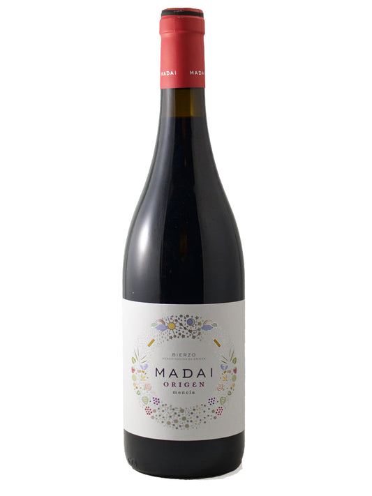 Madai Origen Mencia wine bottle with a white label featuring a colorful floral wreath design and a red foil capsule at the neck, set against a plain white background.