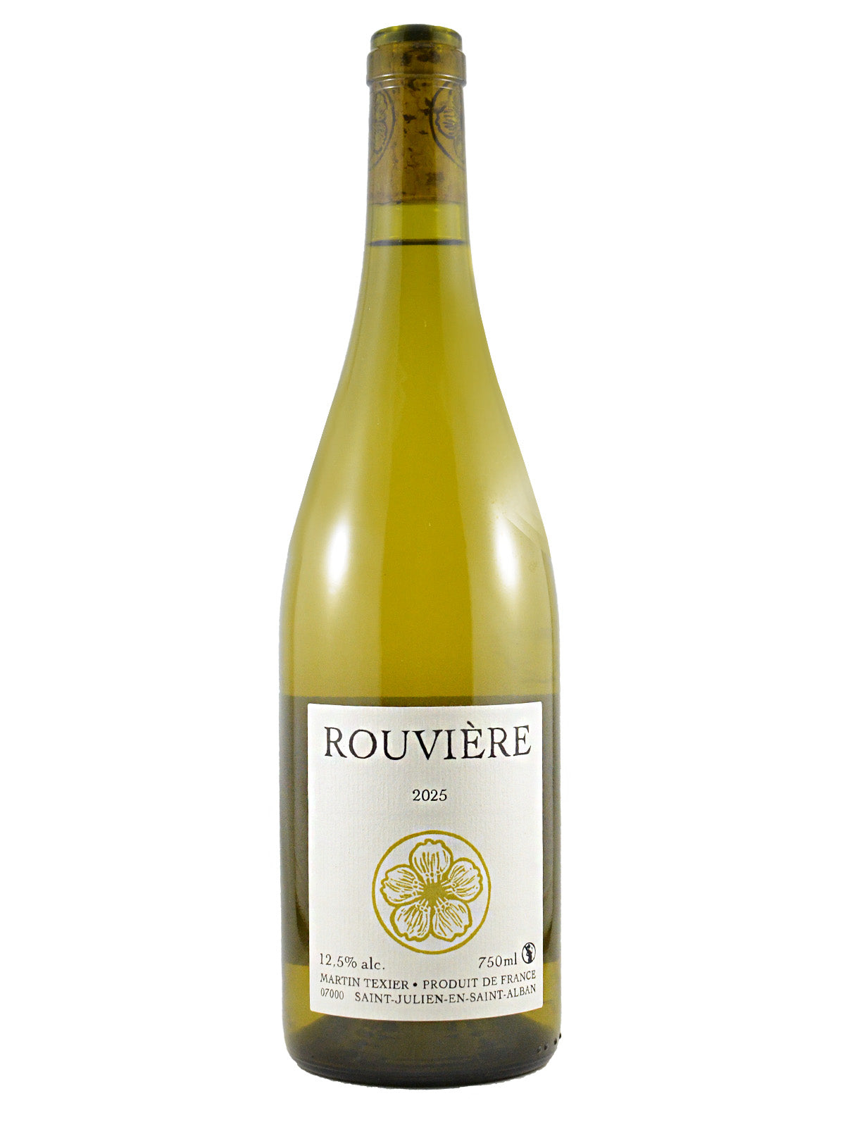 A bottle of Rouvière 2025 white wine, featuring a  white label with black text and a gold floral design and a visible cork in the neck with no foil enclosure, set against a plain white background.