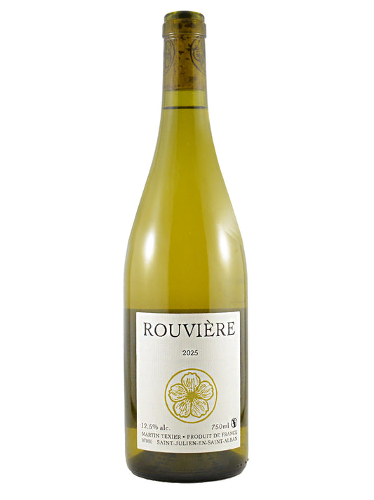 A bottle of Rouvière 2025 white wine, featuring a  white label with black text and a gold floral design and a visible cork in the neck with no foil enclosure, set against a plain white background.