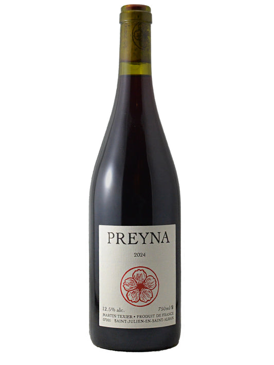 A bottle of Preyna 2024 red wine, featuring a dark glass bottle with a cream-colored label and a red floral emblem, set against a plain white background.