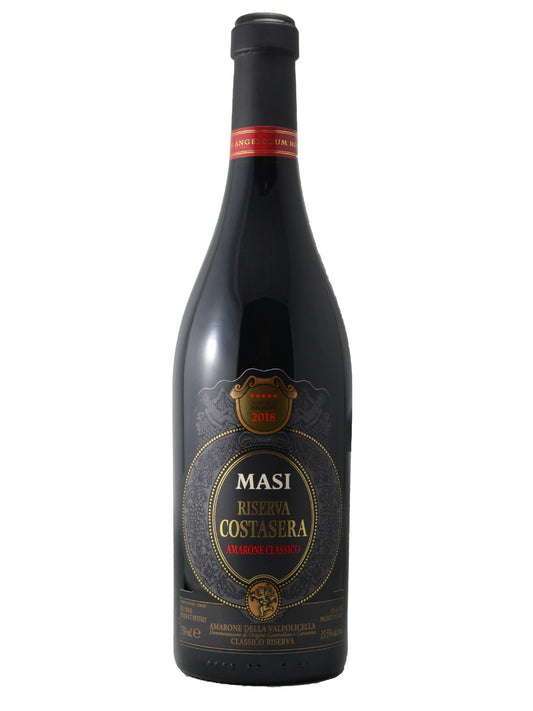 Red wine bottle with MASI label on a white background. Text on label says Reserve Costasera Amarone Classico. 2018.