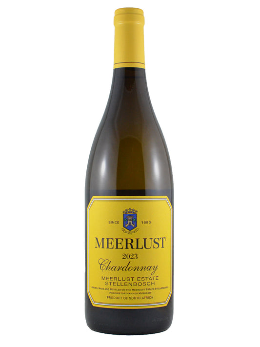 Meerlust Chardonnay wine bottle with yellow label on a white background