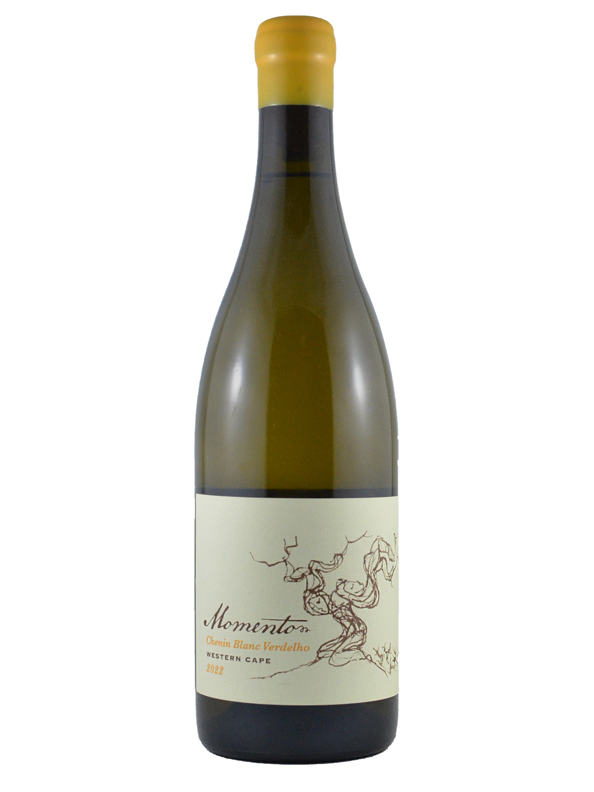 White wine bottle with a Momento label on a white background