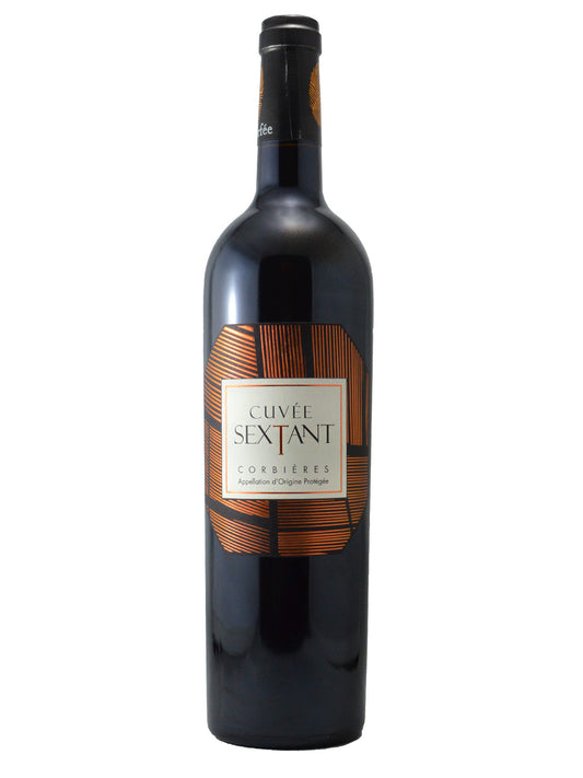 A bottle of Les Celliers d'Orfee 'Sextant' Rouge wine with a simple label and bronze coloured accents around the label. Label reads 'Cuvee Sextant Corbieres'. Black enclosure. All set against white background.