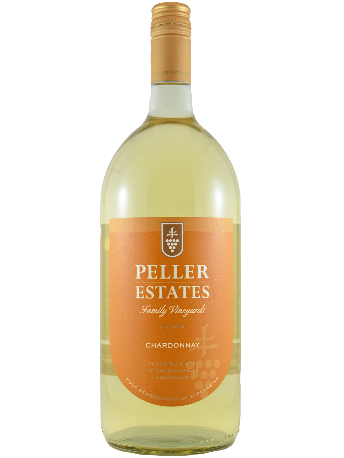 Peller Estates Chardonnay 1.5L magnum size wine bottle on a white background. Has an orange label with basic wine info and a mustard yellow screw cap enclosure.
