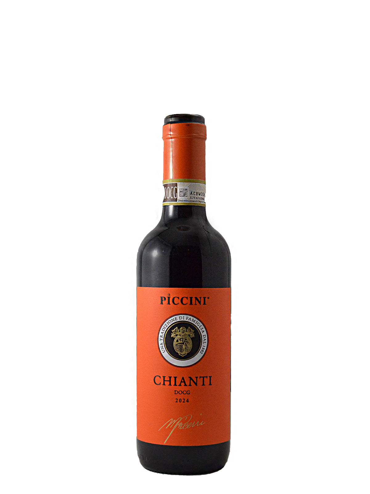 Piccini Chianti wine bottle with orange label reading 'Piccini Chianti DOCG 2024' and a classical-looking logo. Orange capsule with DOCG paper surround, all on a white background.