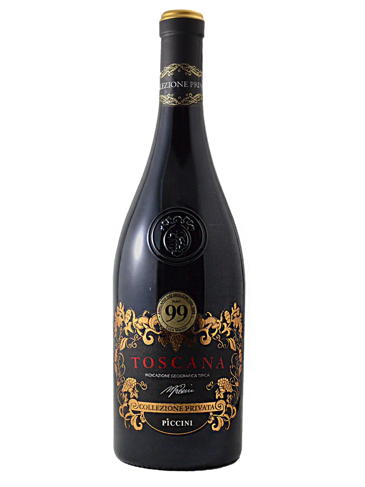 Bottle of Piccini Collezione Private Toscana wine with ornate label in gold/copper/red/white on black and a gold sticker indicating it has received 99 points in a competition. Black/gold/gilded capsule. All set against white background.