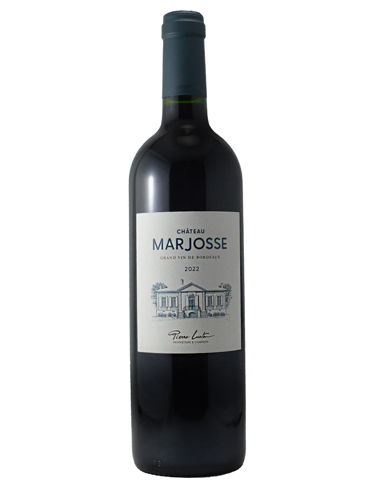 Red Bordeaux shaped wine bottle with a white label reading 'Chéateau Marjosse' 2022 with a drawing of a French wine chateau  and the signature of Pierre Lurton. Blue-green foil enclosure. All against a white background.