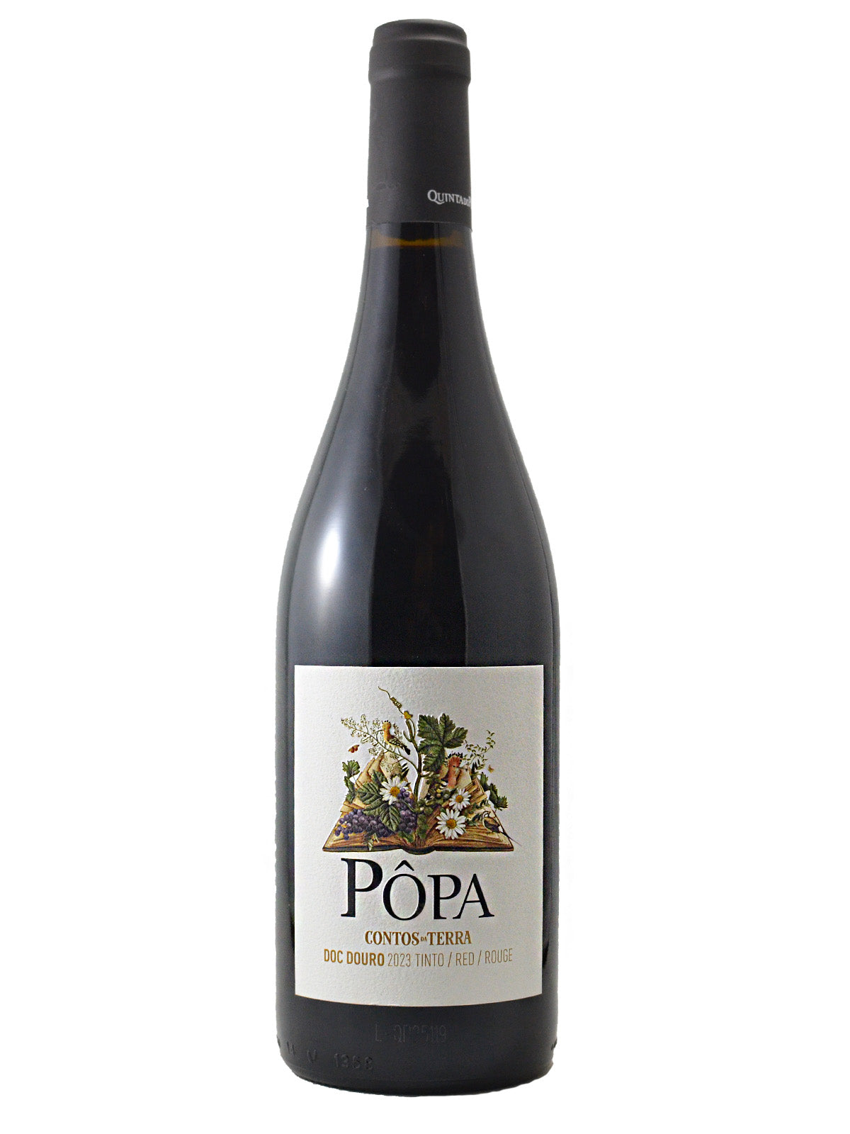 Wine bottle with a label featuring a book open to a bouquet of flowers actually sticking up from the book (simple painterly-style art) and the word Popa, all on a white background. Black capsule on the top of the bottle.