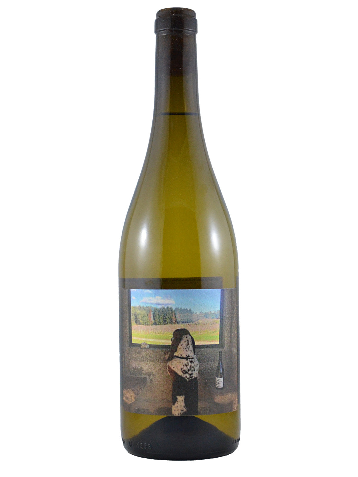Wine bottle with a label featuring a scenic view and a person.