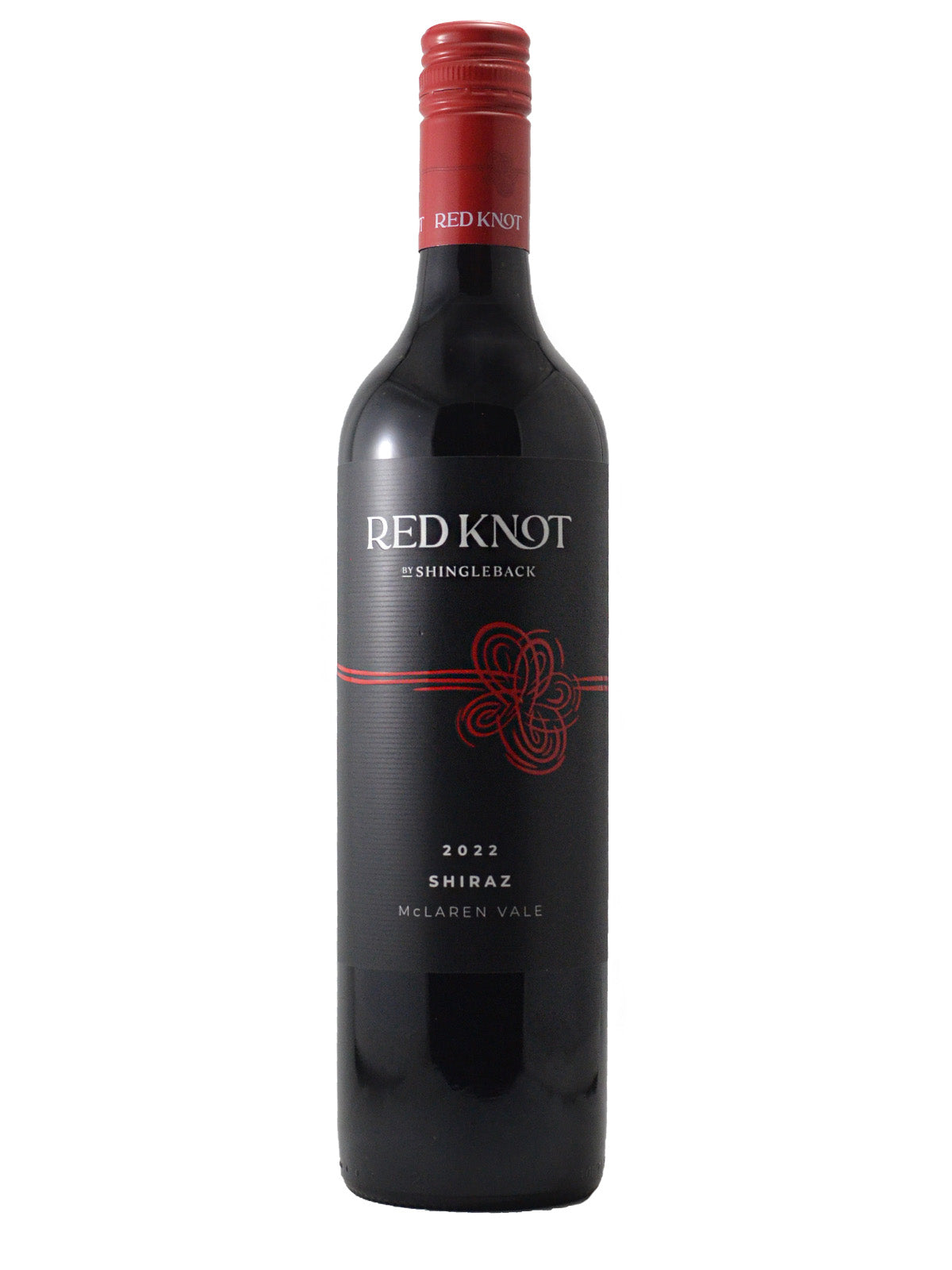 Red Knot (by Shingleback) wine bottle on a white background. Label is black with white text and a stylised picture of a red knot. Also reads 2022 Shiraz McLaren Vale. Red screw cap.