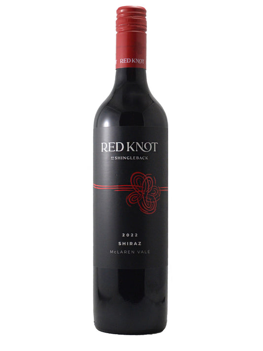 Red Knot (by Shingleback) wine bottle on a white background. Label is black with white text and a stylised picture of a red knot. Also reads 2022 Shiraz McLaren Vale. Red screw cap.