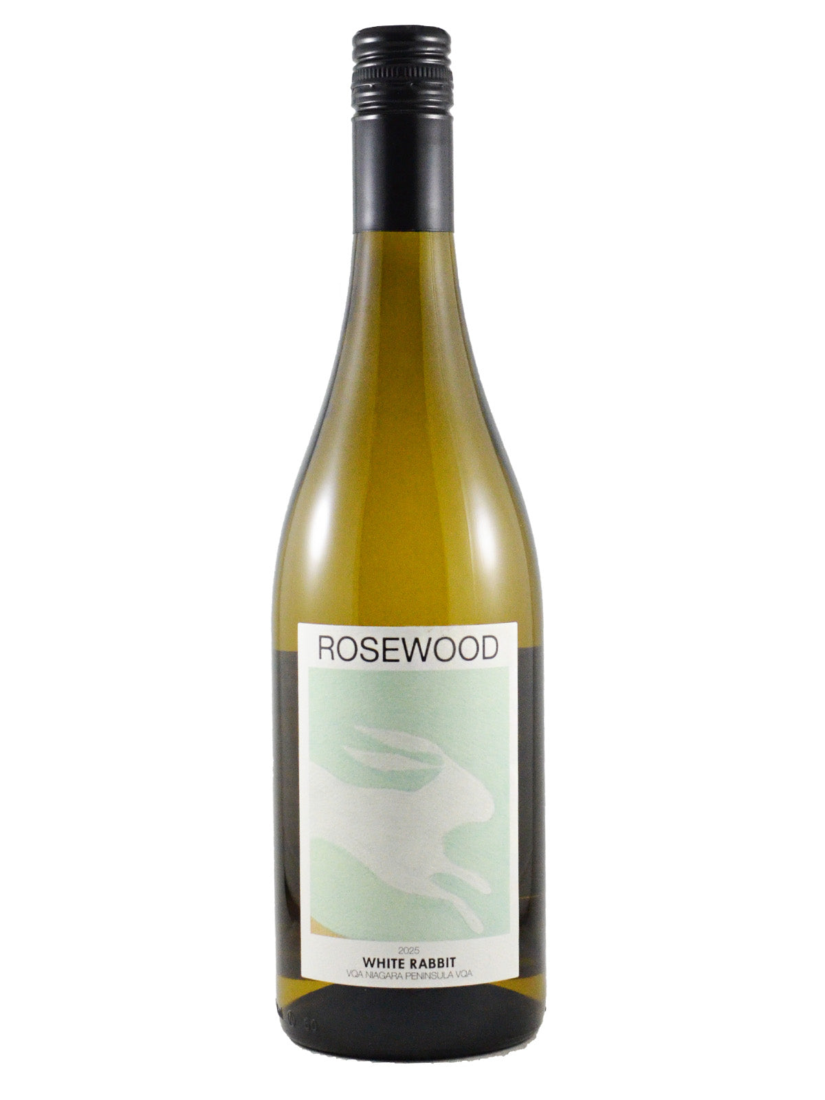 Rosewood White Rabbit wine bottle on a white background. Label is white and pale green with simple outline of a rabbit, wine name, maker, and 'VQA Niagara Peninsula'. Black screw cap enclosure. All set against white background.