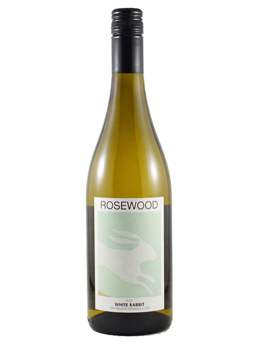 Rosewood White Rabbit wine bottle on a white background. Label is white and pale green with simple outline of a rabbit, wine name, maker, and 'VQA Niagara Peninsula'. Black screw cap enclosure. All set against white background.