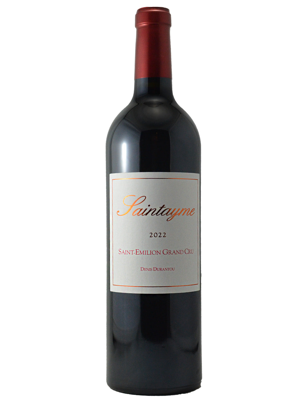 Wine bottle with white label/gold-red print labeled 'Saintayme' 2022 Saint Emilion Grand Cru Denis Durantou. Red foil enclosure. All on a white background.