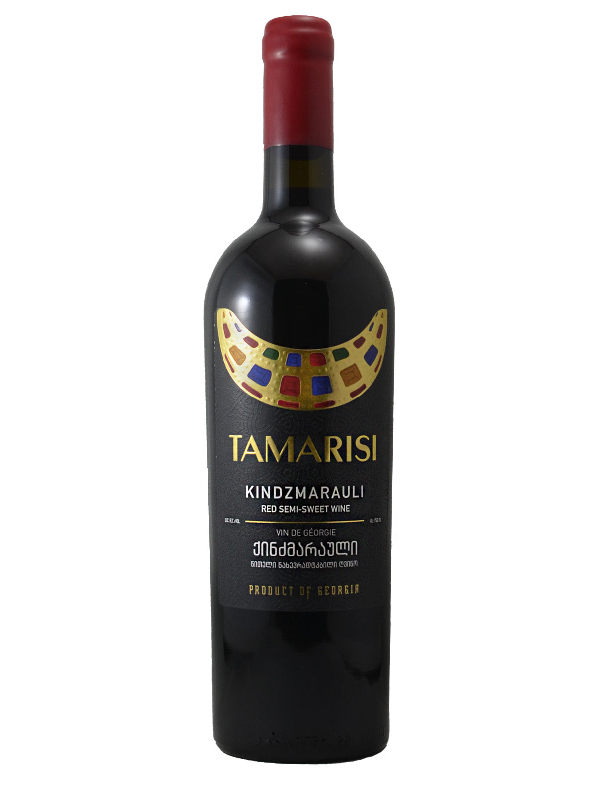 Wine bottle with black Tamarisi label against  a white background. Label also says 'Kindzmarauli Red Semi Sweet Wine' 'Product Of Georgia'. Red enclosure on top of bottle.
