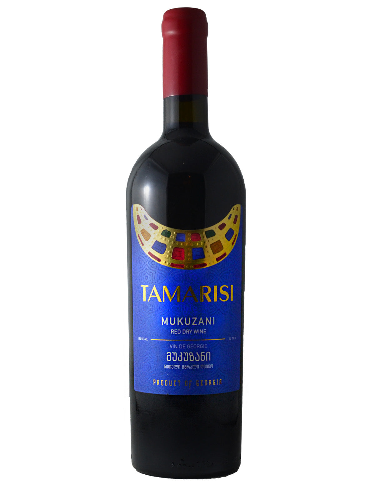 Wine bottle with vibrant blue Tamarisi label on a white background. Text also includes 'Mukuzani Red Dry Wine' and 'Product of Georgia'. Red enclosure on top. 