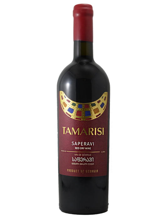 Wine bottle with dark red Tamarisi label reading 'Saperavi Red Dry Wine Product Of Georgia' all against a white background