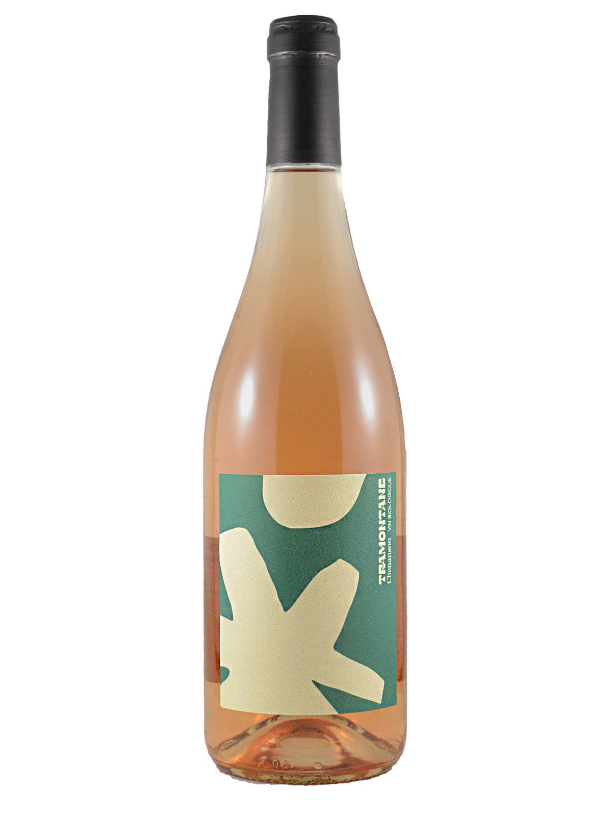 A bottle of Rosé wine with a dark gunmetal coloured enclosure and a green and cream label featuring an abstract design. The brand name 'TRAMONTANE' is visible on the label. All set against a white background.