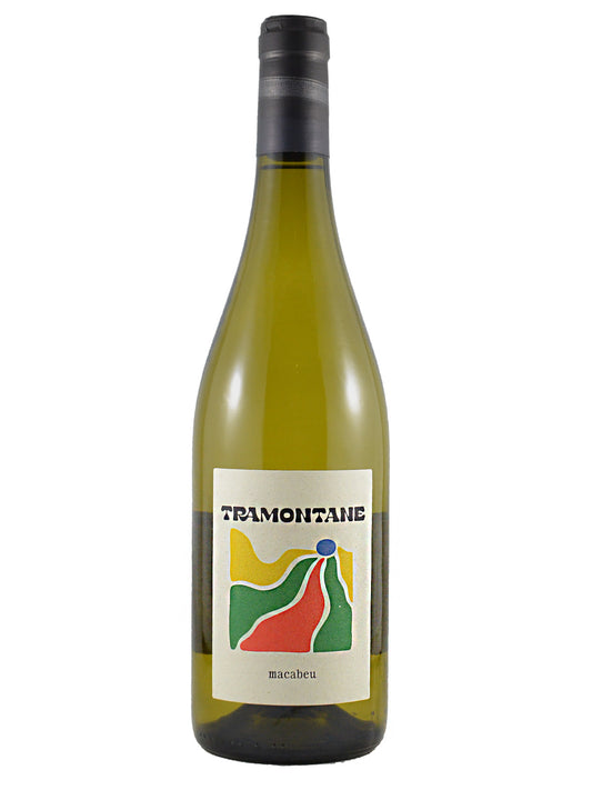 A bottle of Tramontane Macabeu white wine with a gunmetal enclosure and a distinctive colourful label featuring yellow, green, and red abstract shapes, set against a plain white background.