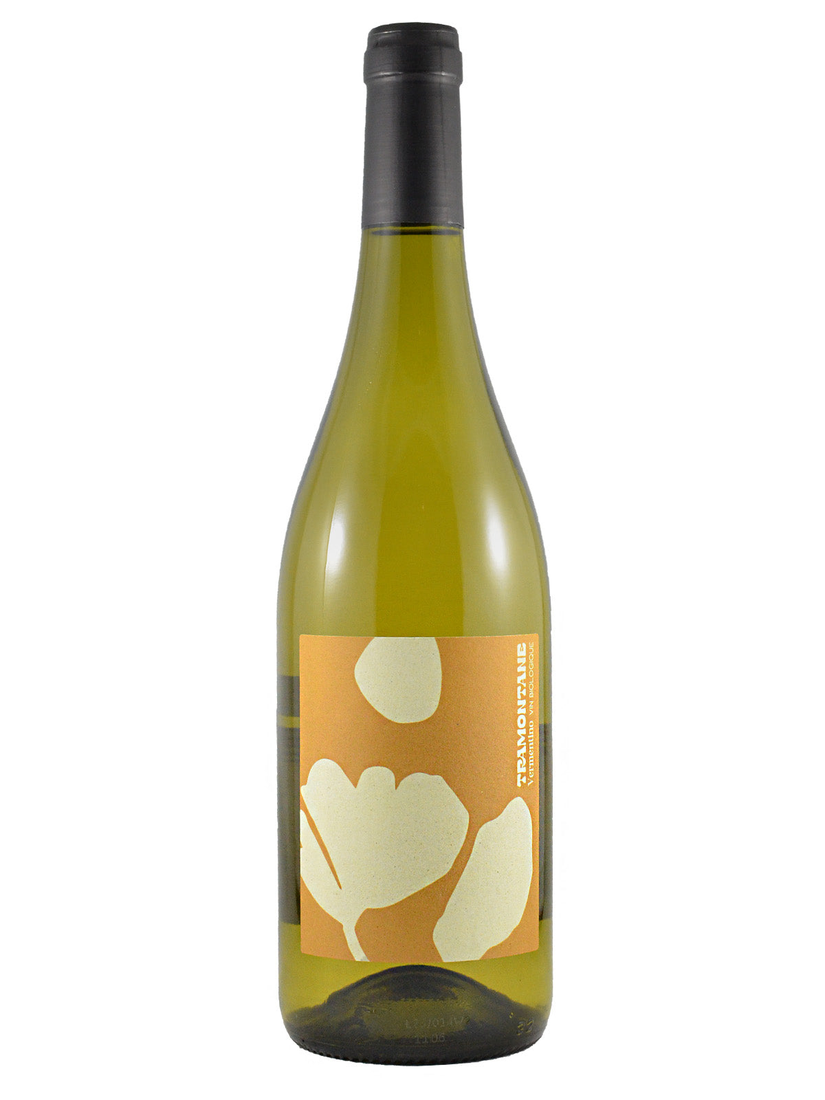 A bottle of Tramontane Vermentino white wine with a dark gunmetal enclosure and a distinctive orange and cream label featuring abstract floral shapes. All set against a plain white background.