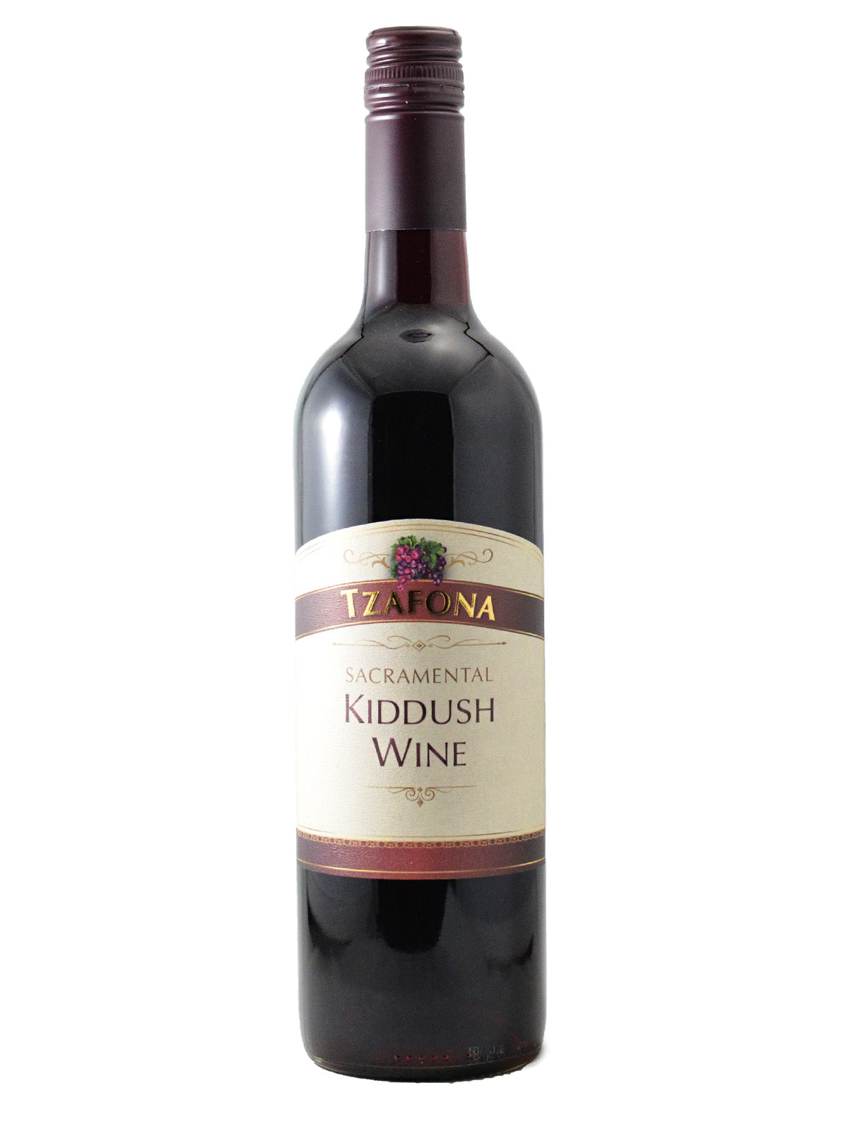 A bottle of Tzafona Sacredal Kiddush Wine, featuring a dark glass bottle with a cream-colored label and a dark purple foil capsule, set against a plain white background.