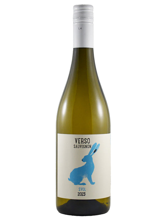 A bottle of Verso Sauvignon white wine with a white screw cap enclosure and a cream-colored label featuring a blue rabbit silhouette, set against a plain white background.