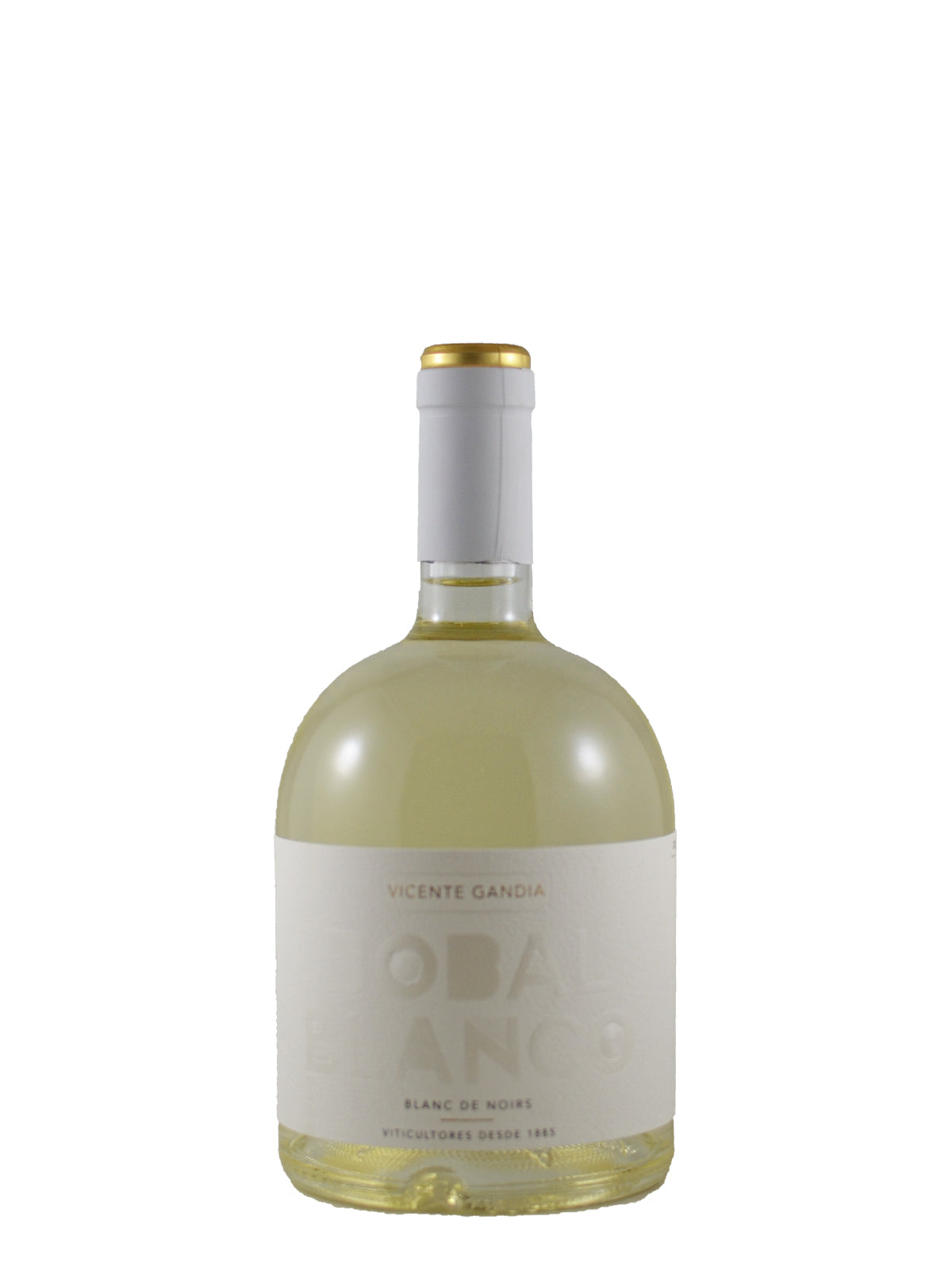 A stubby-looking bottle of white wine with a pale yellow liquid inside, featuring a white label with gray lettering and a gold & white foil cap, set against a plain white background.